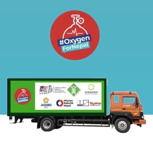 Illustration of a delivery truck carrying an Oxygen for Nepal banner with the logos of the consortium's member organisations