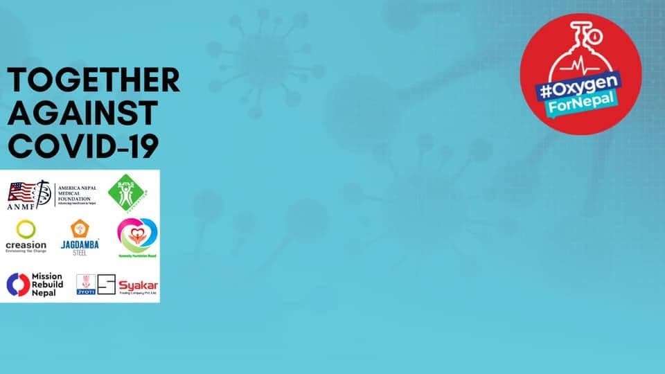 Campaign graphic reading Together Against COVID-19, with the Oxygen for Nepal mark and the logos of the member organisations