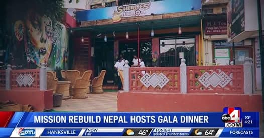 Television news still showing the frontage of the Sheroes Hangout cafe, with a caption reading Mission Rebuild Nepal hosts gala dinner