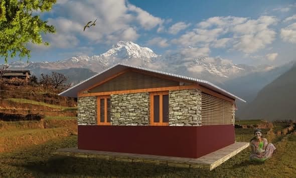 Architectural rendering of a single-storey house with stone walls, timber shutters and a pitched metal roof, standing in a terraced field below snow-covered mountains.